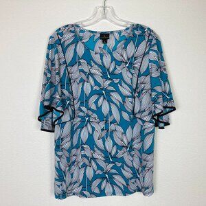 Worthington Pullover Blouse Size L Teal Green Stretch Bell Sleeves Tropical